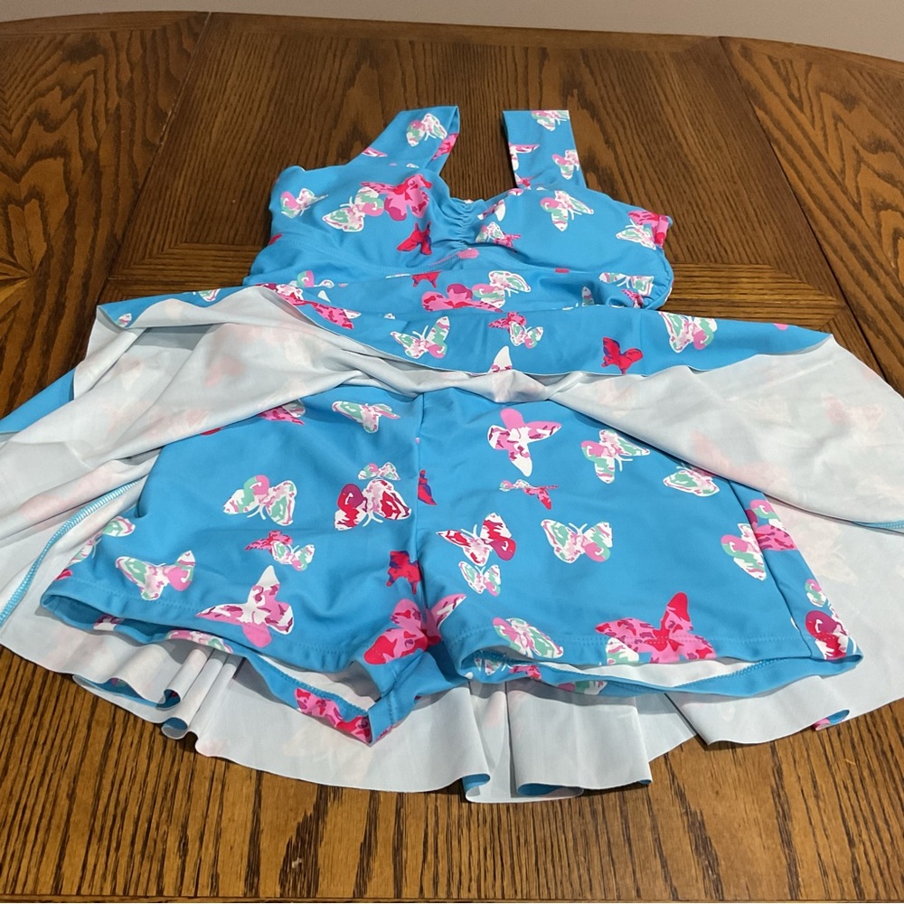 Suit swim dress with built-in shorts in blue w/ pink, green, white butterflies M - Picture 8 of 10